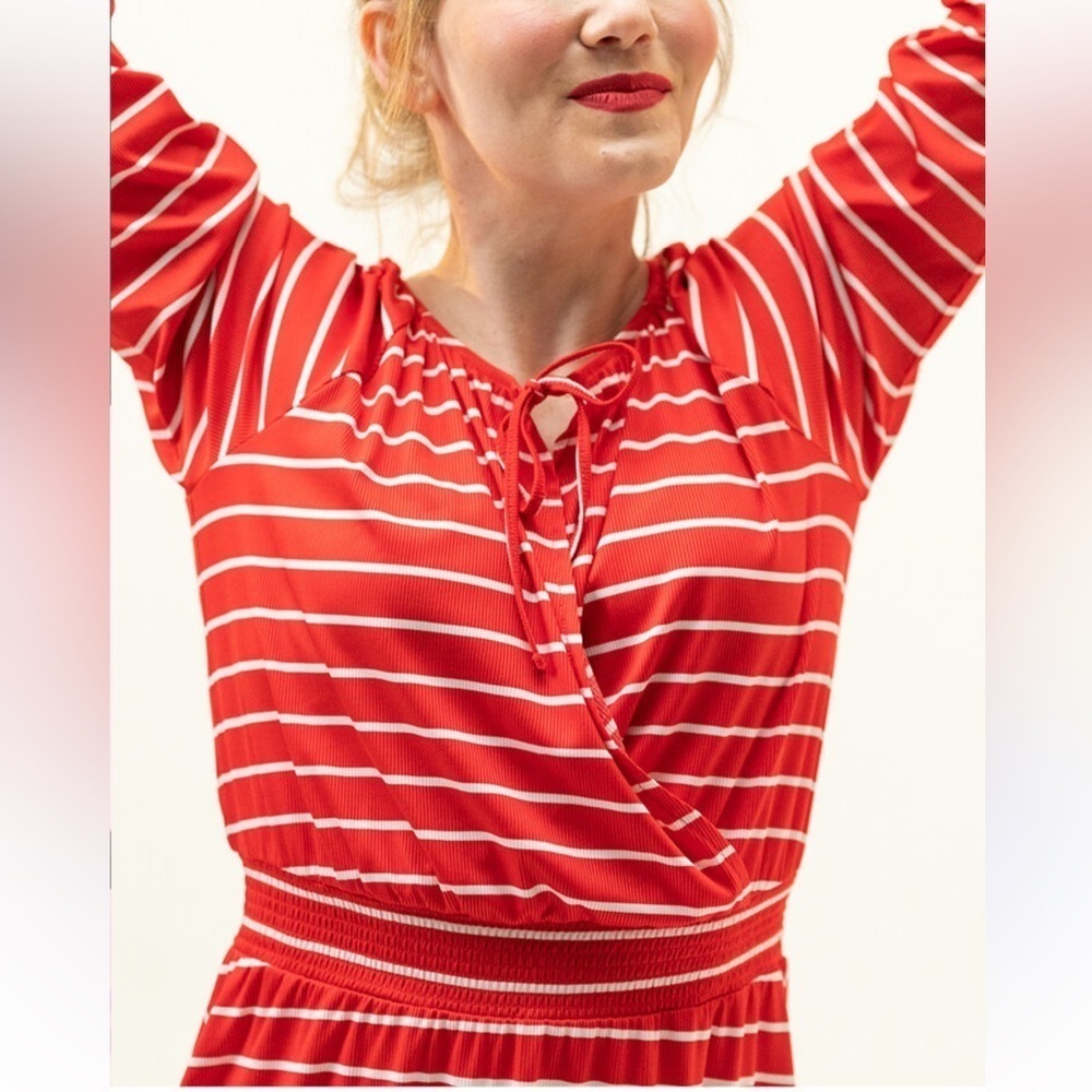 LulaRoe Jody Peasant Dress Red with White stripes Size Medium (10-12) EUC